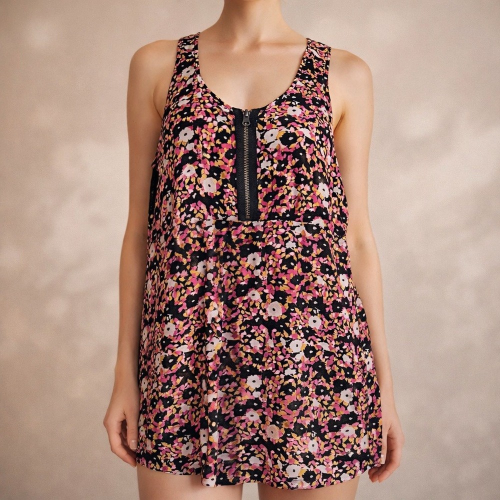 Kimchi Blue Floral Mini Dress Black Pink Lace Racerback Zipper Front Medium